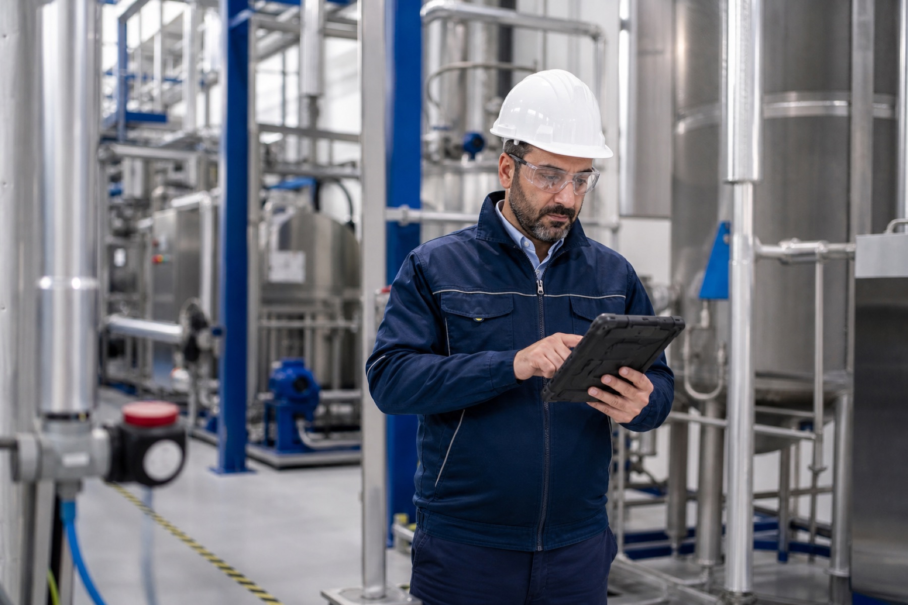Üretim tesisinde tablet kullanan bakım mühendisi